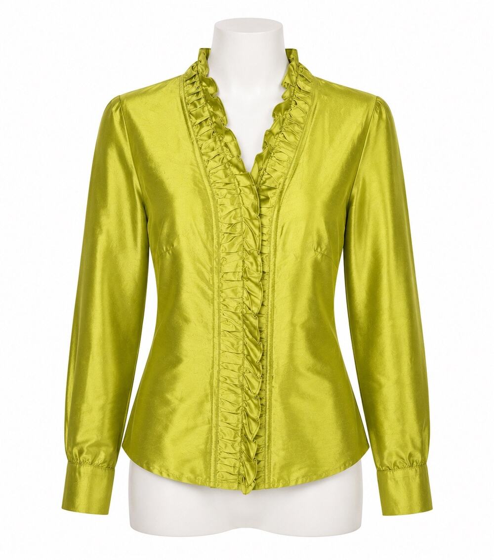 J. McLaughlin 100% Silk Shirt Size 4 Green Ruffle Neck Front Button Long Sleeve